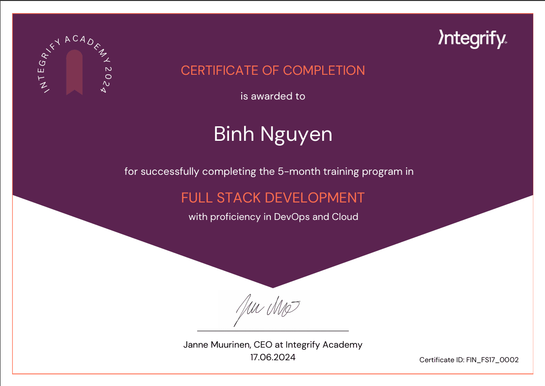 Integrify Certificate of Completion