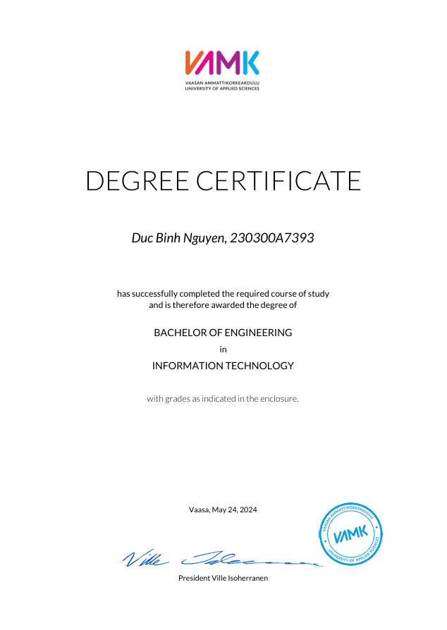 Degree Certificate of Vaasa University of Applied Sciences