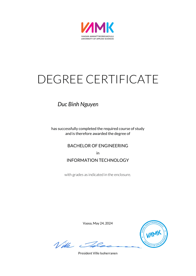 Degree Certificate of Vaasa University of Applied Sciences